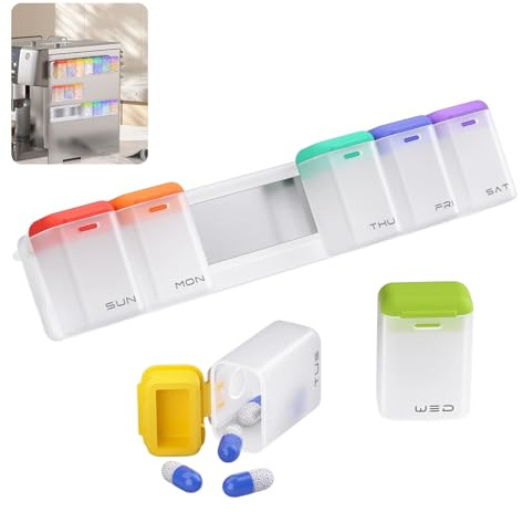 Magnetic Pill Dispenser 7 Day, Portable Weekly Medication Organizer Travel Case, Daily Vitamin Case and Pill Capsules Pills Organizer Storage Containers for Fridge (Colour)