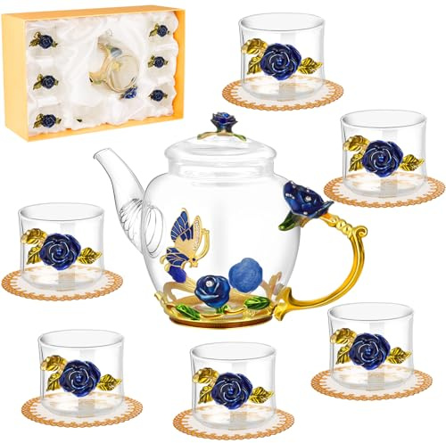 PYQTH 7 Pcs Floral Glass Tea Set for Women, Vintage Flower Teapot Set with Gift Box, Glasses Tea Kettle Set, Glass Teapot Fancy Tea Cup with Coasters for Kitchen Family Gathering Home Party(Blue)