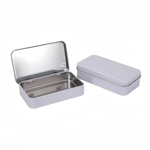 LJY White Hinged Metal Tins, 2 Pack, 5.9 x 3.5 x 1.2 in | The lid stays attached to the base during sorting and repeated workstation access