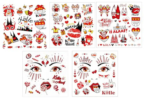 6 Bogen Kölner Karneval,Gesichtstattoo Karneval Köln Accessoires,Kölle Alaaf Rot Weiss Herz Clown Face Fake Tattoos Gesicht Aufkleber Damen Herren Tattoo für Erwachsene Fasching Kostüm Schminke Party