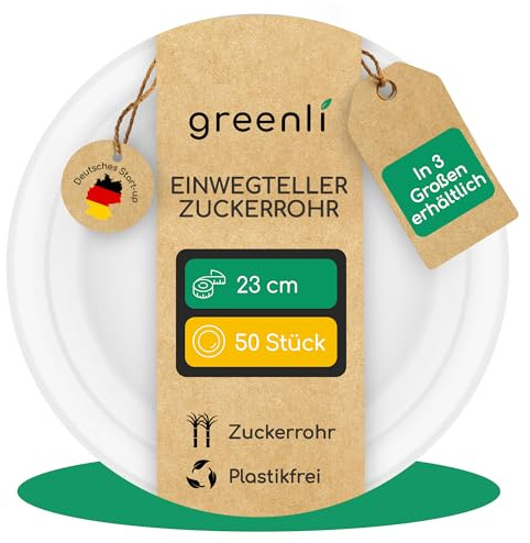 greenli® Einwegteller aus Zuckerrohr – 23 cm Ø, 50 Stück – Plastikfrei – In 3 Größen erhältlich (18, 23, 26 cm) – Die stabile Alternative zu Papptellern