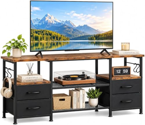 Forthcan TV Stand Cabinet, TV Unit with 4 Drawers and Open Shelves, Modern Entertainment Media Console Center Storage Industrial TV Unit for Living Room, Rustic Brown & Black