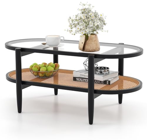 COSTWAY Couchtisch, Beistelltisch mit Glas Tischplatte & Rattan Ablage, Wohnzimmertisch mit Holzbeinen & Holzrahmen, Kaffeetisch für Wohnzimmer, Büro, 102 x 56 x 47 cm (Schwarz)