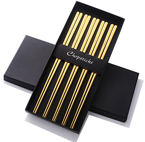 Buyer Star 5 Paires Baguettes Plat Or Baguettes coréennes Acier métallique Baguettes réutilisables 23cm Longueur 304 Acier Inoxydable Chopstick
