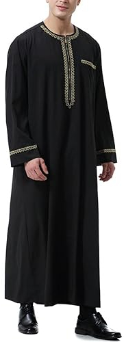 BeerMmay Herren Muslim Druck Kaftan Islamisch Royalty Dubai Robe O-Ausschnitt Lange Ärmel Retro Tuniken Abaya Lose Kandoura,Schwarz,L