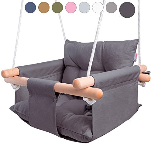 CaTeam - Columpio de Lona para bebé, Silla de Columpio Colgante de Madera con cinturón de Seguridad, Silla de Hamaca Duradera para bebé, Columpio para Exteriores e Interiores para niños, Gris Oscuro