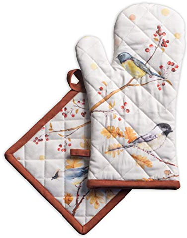 Maison d' Hermine Oak Leaves Ensemble de Gants de Cuisine 100% Coton (19cm x 33cm) et manique (20cm x 20cm) pour Barbecue, Cuisson, Griller, Micro-Ondes, Barbecue, Thanksgiving/Noël