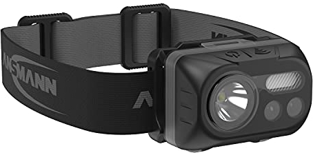 ANSMANN LED Stirnlampe HD230BS mit Gestensteuerung inkl. Batterien & 4x Halteclips für Bauhelme - Kopflampe LED mit Sensor ideal zum Radfahren Laufen mit Hund Joggen Angeln Werkstatt Jagd, Schwarz