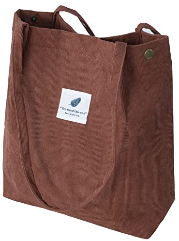 VOKUVIKU Umhängetasche Damen Groß Schule Shopper Beuteltasche Cord Tasche Gross Jutebeutel Bedruckt Stoff tasche Baumwolltasche XXl Vintage Tragetasche Einkaufstasche, 001 Braun