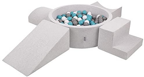 KiddyMoon Aire De Jeux en Mousse avec Rond Piscine À Balles (200 Balles) pour Enfants, Gris Clair: Gris/Blanc/Turquoise