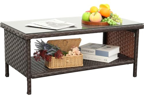 AONELAS - Mesa de centro de mimbre para exteriores, muebles de jardín, mesa de cristal de ratán de 2 capas con almacenamiento y funda para muebles, color marrón