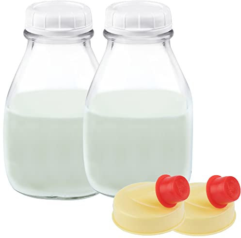 kitchentoolz 16 Oz Glass Milk Bottle with Lid - 16 Ounce Short and Wide Glass Milk Container for Refrigerator with Tamper Proof Lid and Pour Spout - Pack of 2