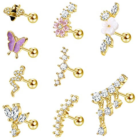 Kakonia 8 Stück Piercing Ohr für Frauen Ohrringe Ohrstecker Gold Helix Piercings Chirurgenstahl Zirkonia Blume 16G Tragus Piercing Set