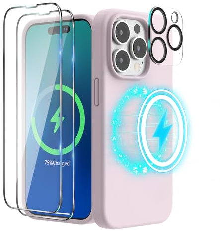 SURPHY Magnetic Case Designed for iPhone 14 Pro Case, Liquid Silicone with 2 Pack Screen Protector + 1 Pack Camera Lens Protector, Compatible with MagSafe for iPhone 14 Pro 6.1 inch, Chakl Pink