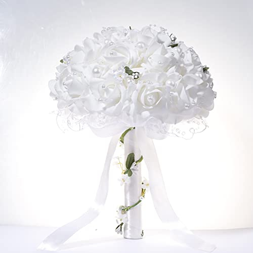 Blumenstrauß Romantische Hochzeit Künstliche Hochzeitsstrauß Koreanischen künstlicher Rosenstrauß Bouquet Deko Brautjungfer Blumenstrauß Brautstrauß mit Perlen Brautstrauss für Hochzeit,Weiß