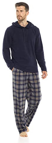 Toro Rocco Pigiama da uomo con cappuccio a quadri in pile a maniche lunghe, morbido, pigiama da notte con top e pantaloni a quadri, comodo set pigiama da uomo, Colore: blu scuro., XXL
