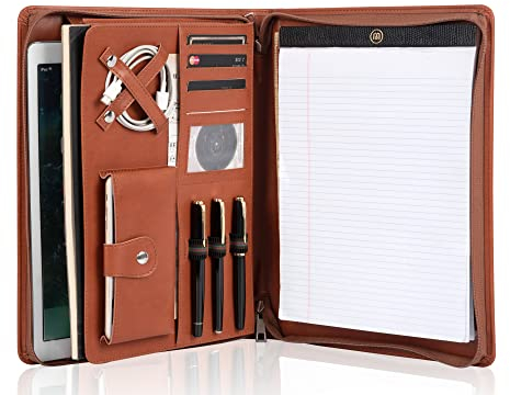 FREIE NAME GRAVUR, Personalisiert Konferenzmappe A4, Schreibmappe PU Leder, Aktenmappe Meeting Mappe mit Reißverschluss, Business Organizer Clipboard Folder mit Schreibblock, Braun
