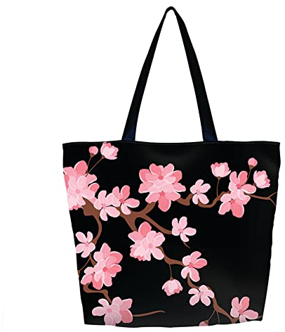 AOKSUNOVA Einkaufstasche mit Reißverschluss Stoffbeutel Bedruckt Shopping Bag Strandtasche Faltbar Tragetasche Blumen