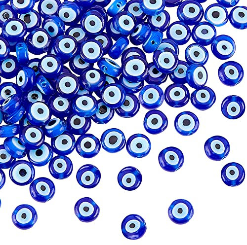 nbeads ca. 130 Stück Lampwork Evil Eye Perlen, 6 mm Blaue Handgefertigte Lampwork Perlen Flach Rund Evil Eye Charms Türkisch Evil Eye Spacer Perlen Für Schmuck Halskette Armband Ohrringe