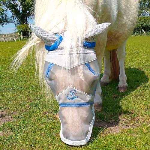 Ruggles Shetland - Máscara para mosca en miniatura de sección A, protección para los ojos de caballo y pony, tamaño pequeño, grande, forro polar (Shetland S con nariz)