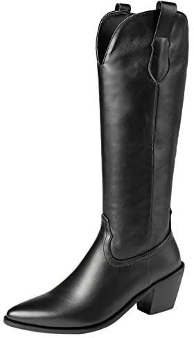 Lizoleor Donna Appuntito Classico Knee Stivali Western Comodo Inverno Tacco A Blocco Moda Stivali Equitazione Esteriore Cowboy Zip Stivali Al Polpaccio Nero Numero 44 EU/46Cn