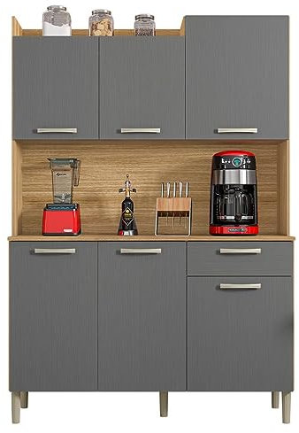 KITS PARANA Buffet de Cuisine 6 Portes 1 Tiroir Chêne et Gris Largeur 122 cm