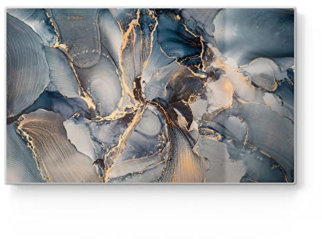 DEQORI Frühstücksbrett Glas | klein 23x14 cm | Motiv Marmor-Farbspiel mit Gold | Design Schneidebrett für Küche | Frühstücksbrettchen antibakteriell & rutschfest | Glasplatte & Servierplatte