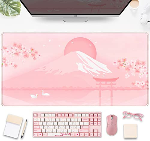 Tapis de souris kawaï à motif floral rose, grand tapis de souris de jeu anime japonais pastel, taille XXL, tapis de clavier mignon et esthétique pour femme, 80 x 40 cm