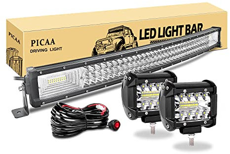 PICAA Led Arbeitsscheinwerfer 32 Zoll 78.5CM 405W 7D Led Lichtbalken Drei Reihen 12V Gewolbt Led Zusatzscheinwerfer Bar Mit 2PCS 4 Zoll 60W LED Arbeitslicht für SUV Offroad ATV UTV Traktor 4x4 Auto