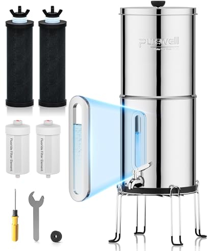 Purewell - Système d'ultrafiltration par Gravité à 8 étapes, Certifié EU 98/37/EC, Système de Comptoir en acier Inoxydable 304 avec 4 Filtres et Supports, Réduit les Fluorure et le Chlore 8,5 Litres