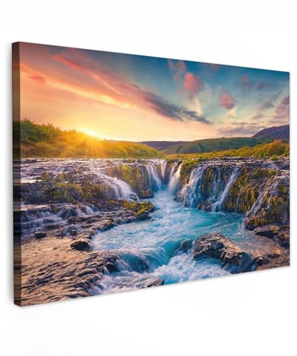 MuchoWow© Impression sur Toile Peinture 60x40 cm Tableau Mural Decoration Salon Reproductions de Tableaux Murale Moderne Cascade - Plantes - Mousse - Paysage - Coucher de soleil - Roche