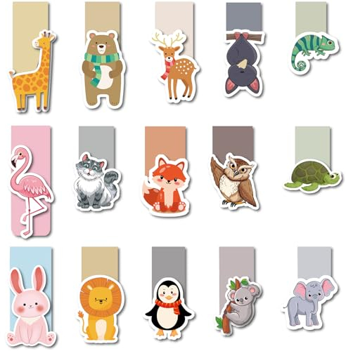 Lesezeichen Magnetisch, 15 Stück Magnetische Lesezeichen, Süsse Tiere Magnet Lesezeichen Kinder, Magnetische Seiten Markierungen für Schüler, Junge, Mädchen, Buchliebhaber, Lesezubehör