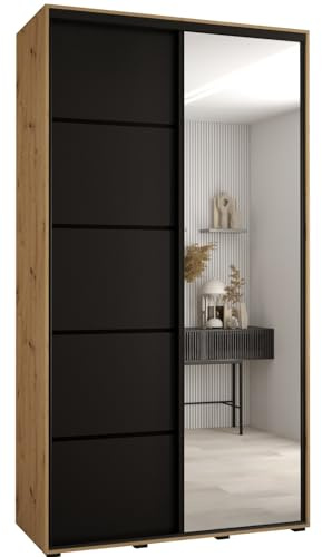 MEBLE KRYSPOL Davos 5 140 Schrank mit Zwei Schiebetüren für Schlafzimmer - Moderner Schrank mit Spiegel, Kleiderstange und Regalen - 235,2x140x45 cm - Artisan Schwarz Schwarz
