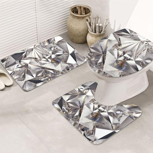 BUULOO Rutschfeste Badematte mit Glitzer, abstraktes Diamant-Kristallmuster, 3-teiliges Set, 80 x 50,8 cm (Badteppich und rutschfeste Matte und WC-Deckel), PVC-gepunktete Gummi-Rückseite, weich und