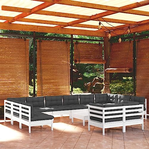 MNISDFL Gartenlounge Biertischgarnitur Terrassenmöbel 13-TLG. Garten-Lounge-Set mit Kissen Weiß Kiefernholz