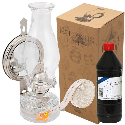 Öllampe Mit Spiegel & Dochthalter SET Zusätlichem Doch & Petroleum Petroleumlampe 31 cm Höhe Sturmlaterne Glaskolben Tischlampe Gartenlampe HUW (LAN332SET)