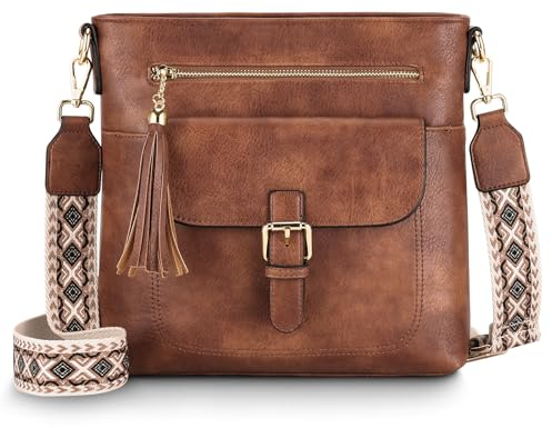 Kasgo Umhängetasche für Damen Vintage PU Leder Handtasche Mittelgroße Schultertasche Crossbody Bag mit Verstellbarem Breitem Schultergurt Braun
