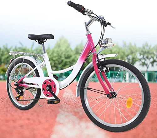 AKANGOMM 20 Zoll Fahrrad MäDchen, 6 Gang Rosa & Weiß Kinderfahrrad, Einstellbare Geschwindigkeit und HöHe Citybike Mountainbike mit Lampe, V-FöRmige Bremse Fahrrad füR MäDchen