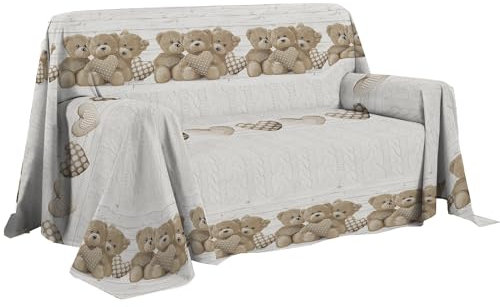 PENSIERI DELICATI Funda para sofá de 180 x 290 cm, Fabricada en Italia, 100% algodón Puro, diseño de Ositos Beige, Ideal como Tela Decorativa, salvadivas, Colcha de Verano (1 Plaza)