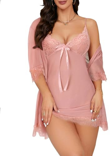 BEINF Lingerie Donna Sexy Babydoll in Pizzo Camicia con Collo a V e Vestaglia A Rete Completo Intimi Camicia da Notte, Set di Perizoma, Calze, 4 Pezzi Nudo M