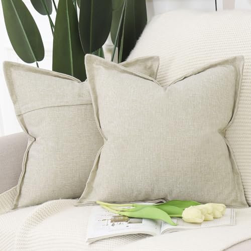 Madizz 2er Set Leinen Kissenbezügen mit breiter Kante Weiche dekorative Kissenbezüge für Sofa Schlafzimmer Kissenhülle Leichtes Taupe 60x60 cm Quadrat
