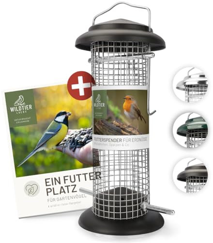 wildtier liebe Vogelfutterspender 23,5cm, Schwarz - Erdnussfutterspender aus rostfreiem Metall, Vogel Futterstation, Futtersäule, Nüsse Erdnüsse, Wildvögel Futtersilo