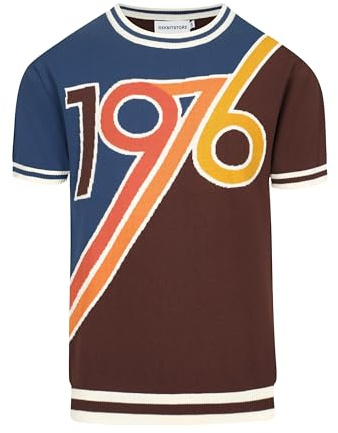 OXKNIT Herren-Strickhemd im Vintage-Stil, kurzärmelig, klassisches blau-braunes Patchwork-Muster, 1976 Muster, Rundhalsausschnitt, Blau und Braun, L