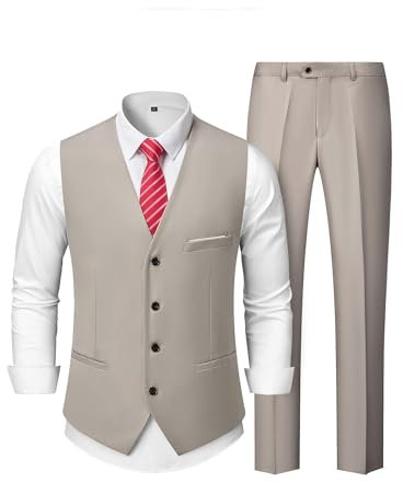 MrSure Herren 2 Stück Anzug Weste Hosen Set für Männer Casual Weste mit Krawatte für Abschlussball Hochzeit Homecoming, Beige, Small