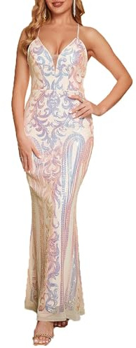 Angel-Fashions Damen V-Ausschnitt Floral Pailletten Schnürung Lange Abendkleid