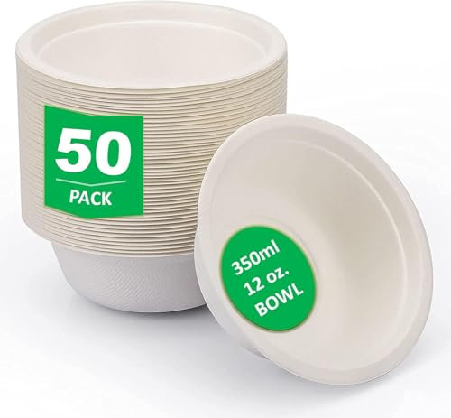 Pack of 50 STRONG DISPOSABLE BOWLS 12oz / 340ml Biodegradable Ecofriendly Large Strong Bowls USED FOR HOT & COLD FOODS Strong Birthday Party Bowls for Serving SOUP DESSERTS CAKE SNACKS SALADS