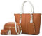 DORRISO Damen Handtaschen Henkeltasche 4 Stück Set Groß Universitäts Tasche Elegante Umhängetasche Clutchbag Karteninhaber Reisen für Büro Urlaub PU Leder Braun