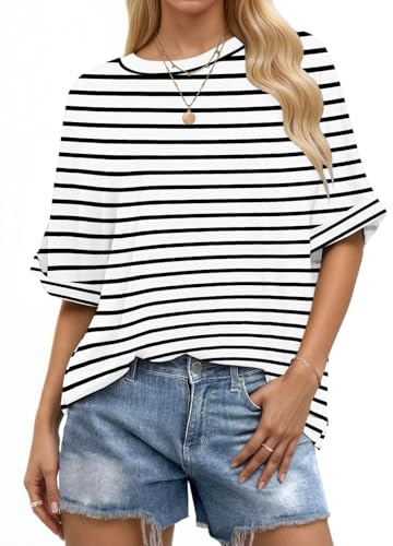 WNEEDU Camisetas Manga Corta Mujer Verano Blusas Cuello Redondo | Top Suelta Básicas Túnica Oversize Tshirt Dobladillo Enrollado Ligero Suave Informal