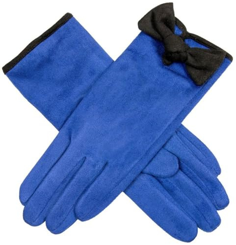 Dents Womens Velour Lined Faux Suede Bow Gloves - Cobalt Blue/Black