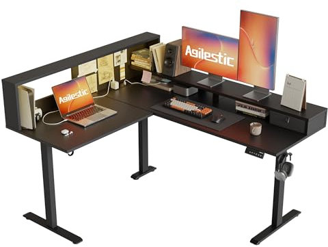 Agilestic L-förmiger Stehschreibtisch, 160 x 140 cm, Ergonomischer Höhenverstellbarer Schreibtisch mit Regalen, Eck-Stehschreibtisch, Sitz-Steh-Computertisch mit LED-Licht, Schwarz